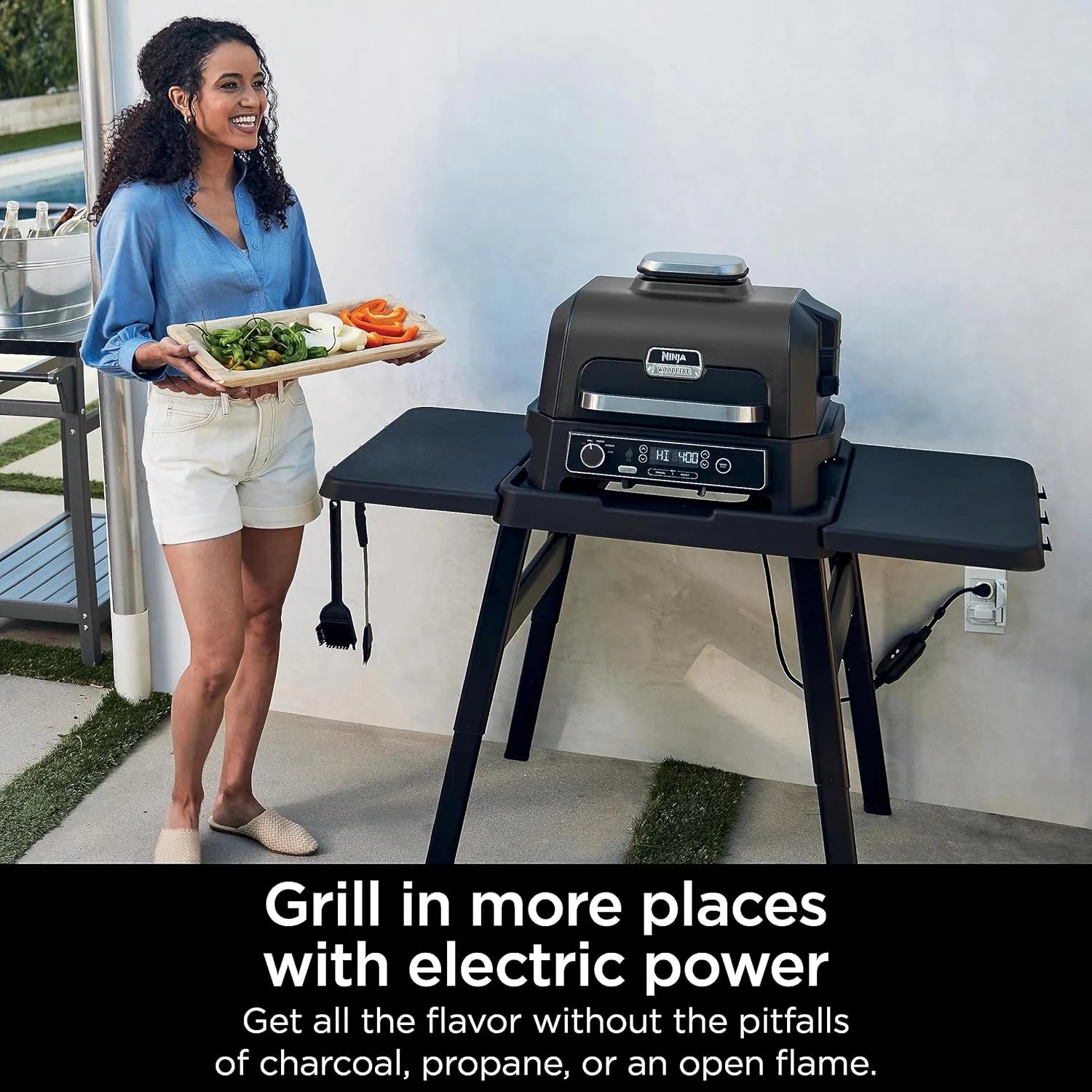 2026 Parrilla y ahumador exterior Ninja Woodfire Pro XL, termómetro, master grill 4 en 1, barbacoa ahumador, freidora de aire exterior, horno, portátil, parrilla eléctrica, gris oscuro, modelo OG850