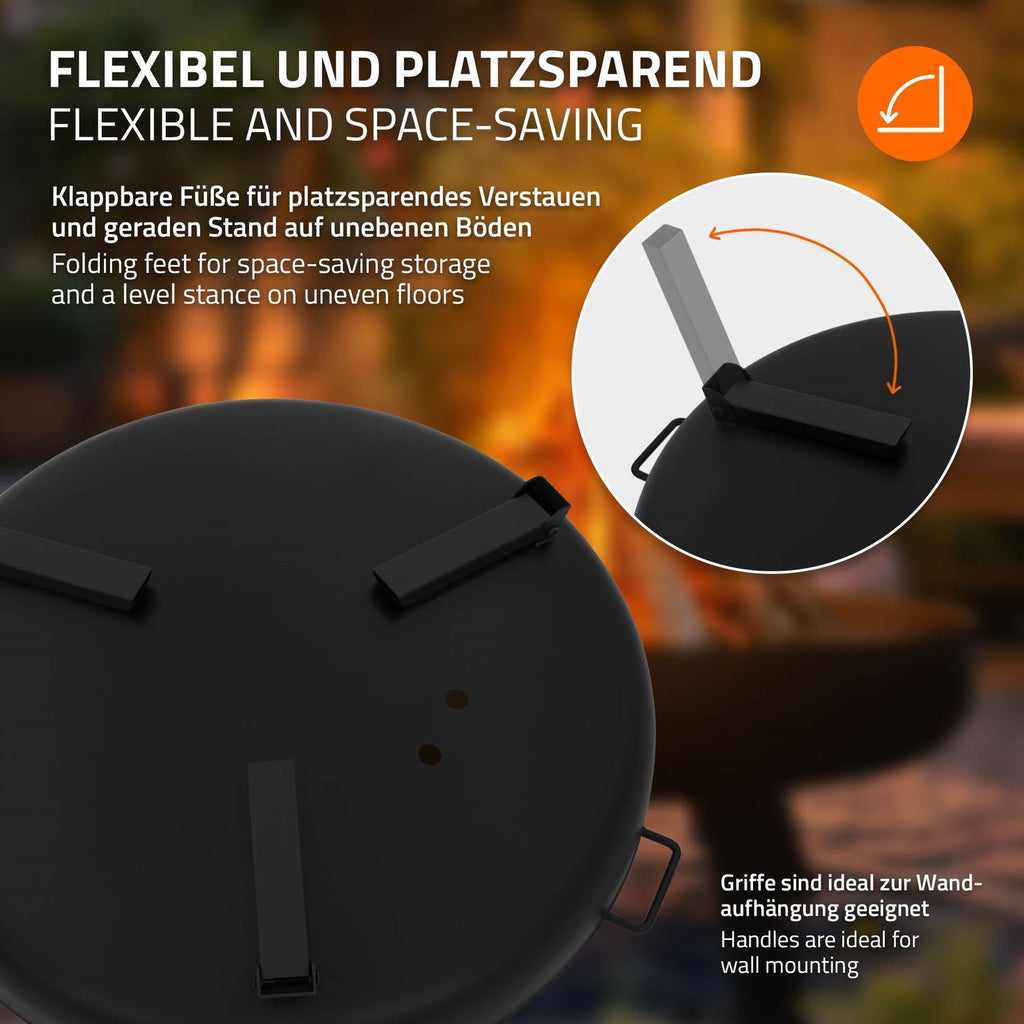 Steel fire pit with tripod for barbecue