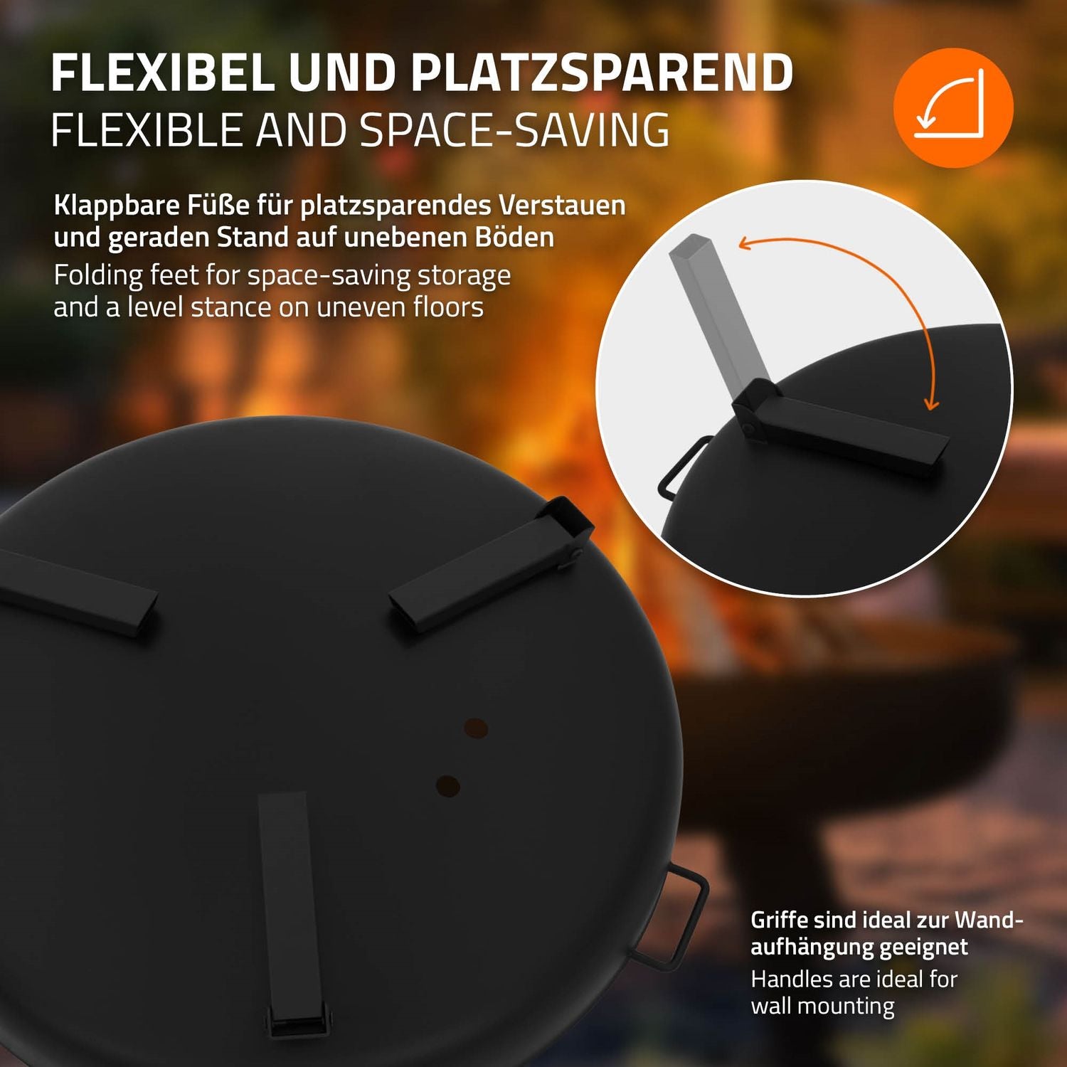 Steel fire pit with tripod for barbecue