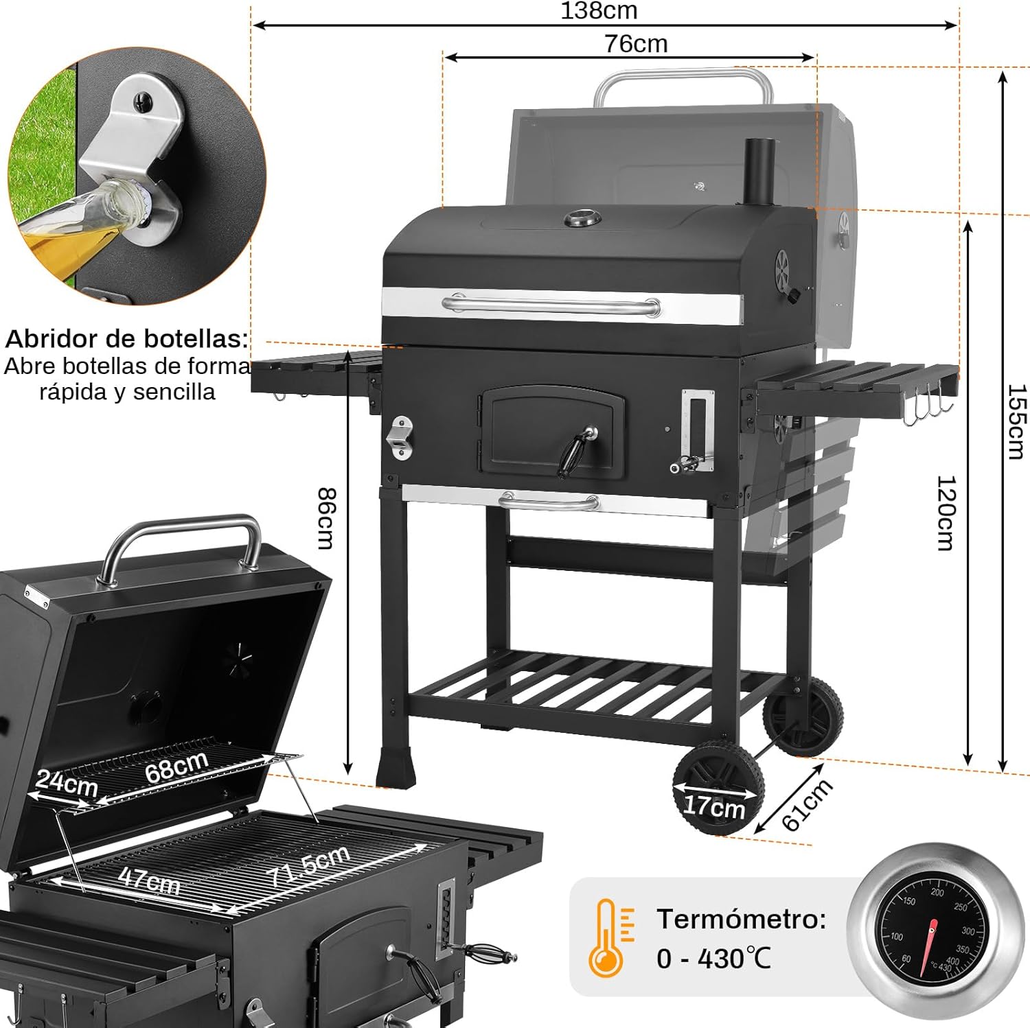 Grill węglowy XXL, grill węglowy z kominem i pokrywą, grill z wózkiem, wędzarnia z kółkami i termometrem, duży grill węglowy na kemping i do ogrodu