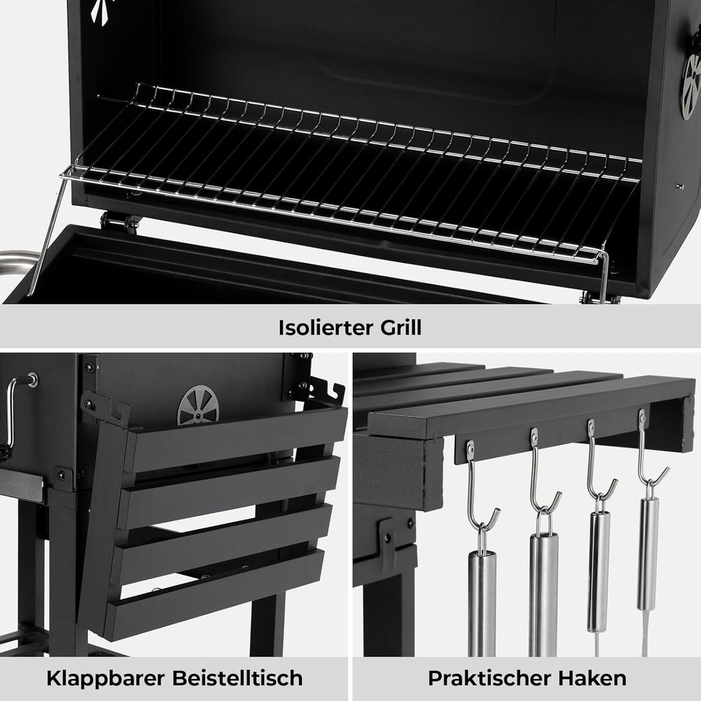 Grill węglowy XXL, grill węglowy z kominem i pokrywą, grill z wózkiem, wędzarnia z kółkami i termometrem, duży grill węglowy na kemping i do ogrodu