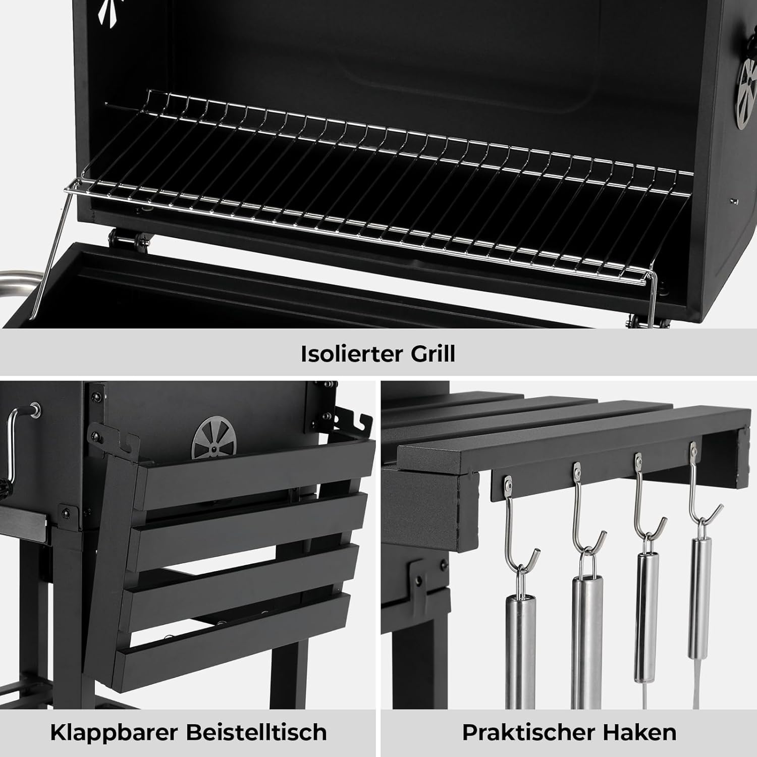 Grill węglowy XXL, grill węglowy z kominem i pokrywą, grill z wózkiem, wędzarnia z kółkami i termometrem, duży grill węglowy na kemping i do ogrodu
