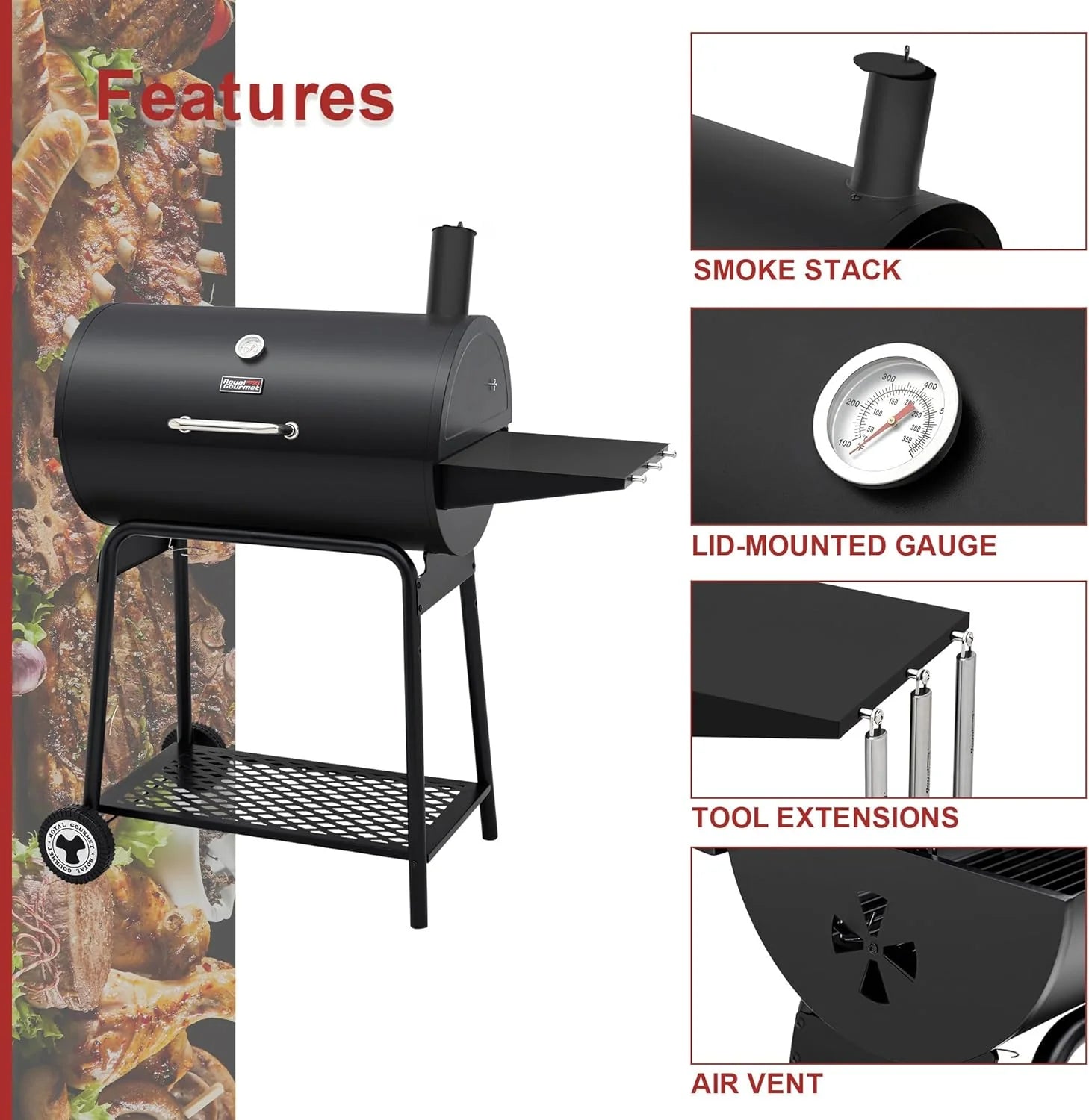 2026 Parrilla de carbón Royal Gourmet CC1830 de 30 pulgadas con mesa lateral, barbacoa exterior con 627 pulgadas cuadradas de espacio de cocción para jardín, terraza y fiestas, color negro