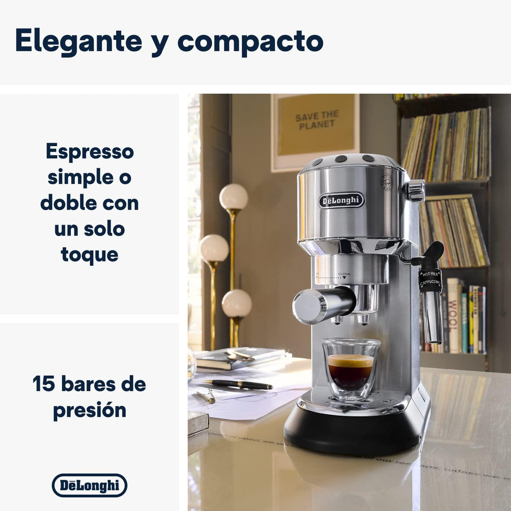 De'Longhi Dedica – Stainless Steel Pump Espresso Coffee Machine for Ground Coffee or Pods, Espresso and Cappuccino, 1.3 L Tank, Anti-Drip System, Model EC685.M, Metallic Colour