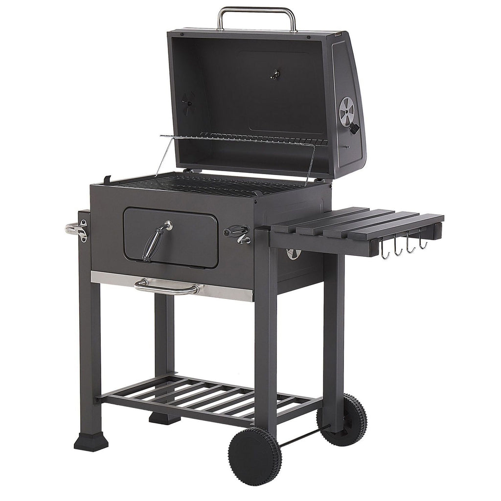 Charcoal BBQ grill, steel grey, with lid, grate, wheels, 2 shelves, thermometer, removable ash tray, Garden Pavlof - grey