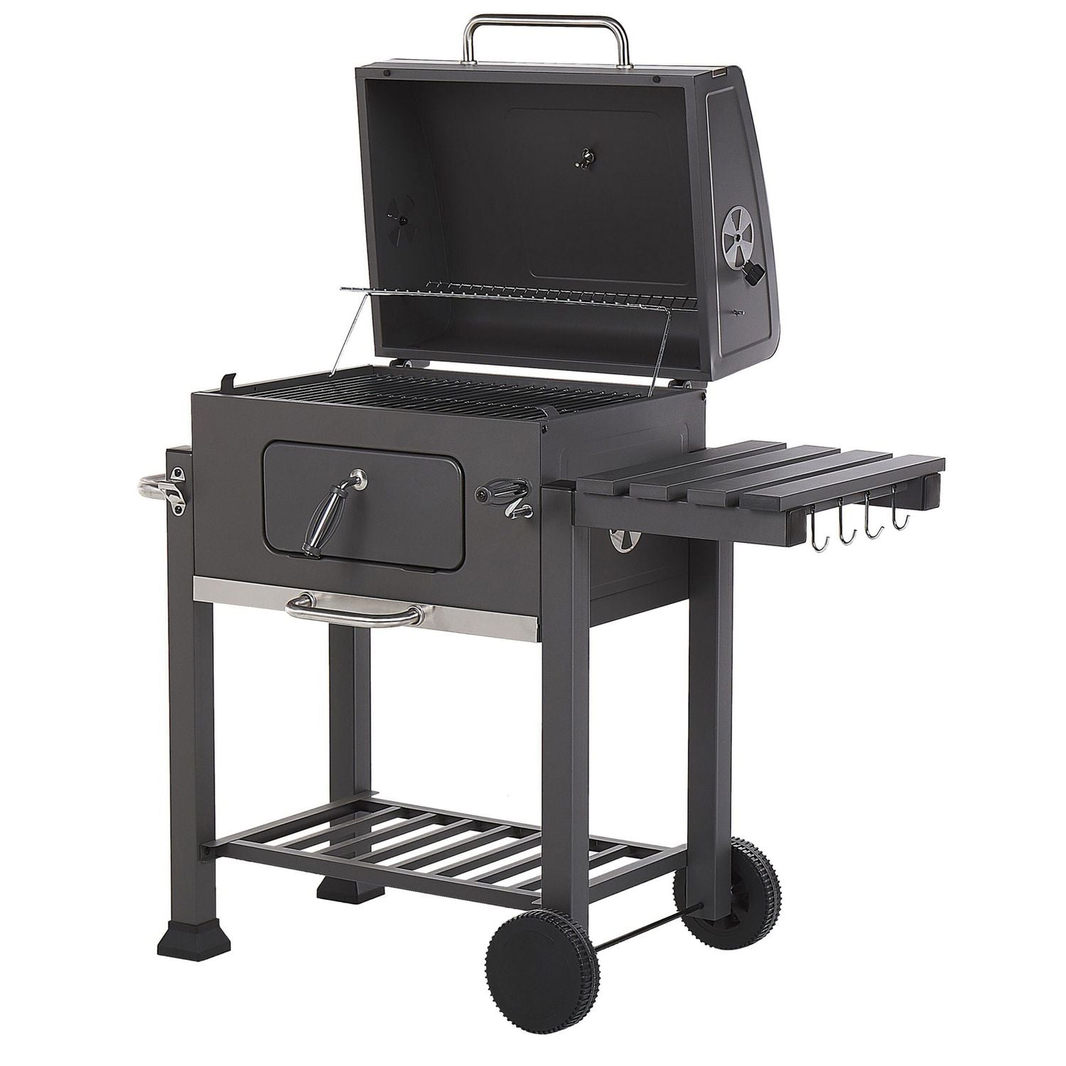 Charcoal BBQ grill, steel grey, with lid, grate, wheels, 2 shelves, thermometer, removable ash tray, Garden Pavlof - grey