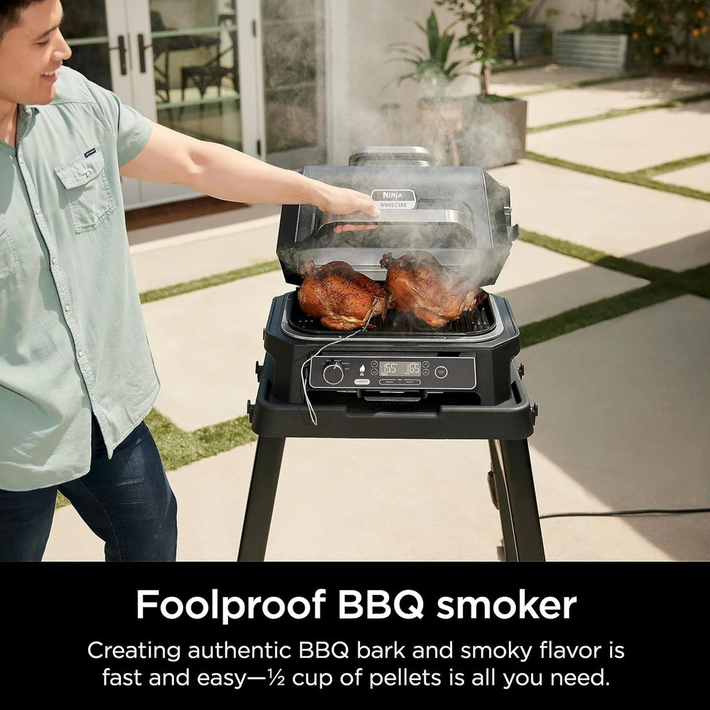 2026 Parrilla y ahumador exterior Ninja Woodfire Pro XL, termómetro, master grill 4 en 1, barbacoa ahumador, freidora de aire exterior, horno, portátil, parrilla eléctrica, gris oscuro, modelo OG850