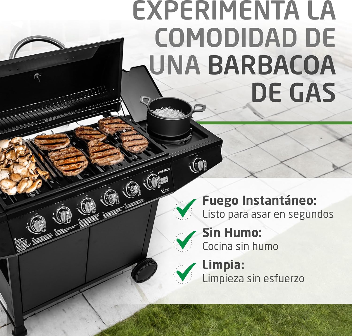 Grill gazowy Fireplus 6+1, 12,9 kW – stal nierdzewna czarna – grill na kółkach, model GRILL-6F – grill XXL z wózkiem i termometrem – 138 x 52 x 103 cm – 7 palników i półka boczna