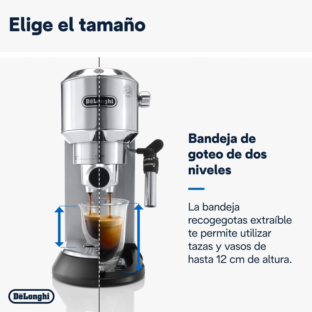 De'Longhi Dedica – Stainless Steel Pump Espresso Coffee Machine for Ground Coffee or Pods, Espresso and Cappuccino, 1.3 L Tank, Anti-Drip System, Model EC685.M, Metallic Colour
