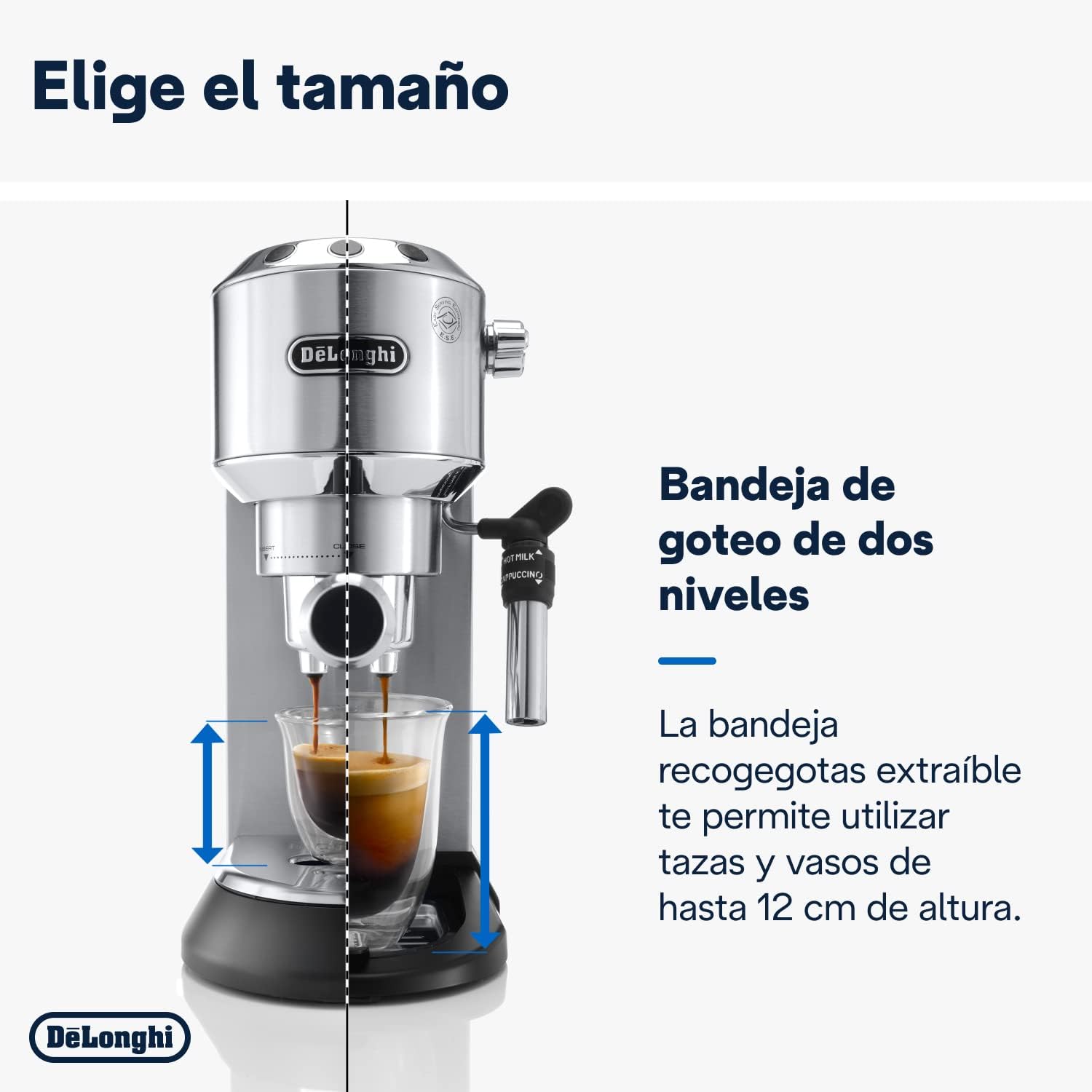 De'Longhi Dedica – Stainless Steel Pump Espresso Coffee Machine for Ground Coffee or Pods, Espresso and Cappuccino, 1.3 L Tank, Anti-Drip System, Model EC685.M, Metallic Colour