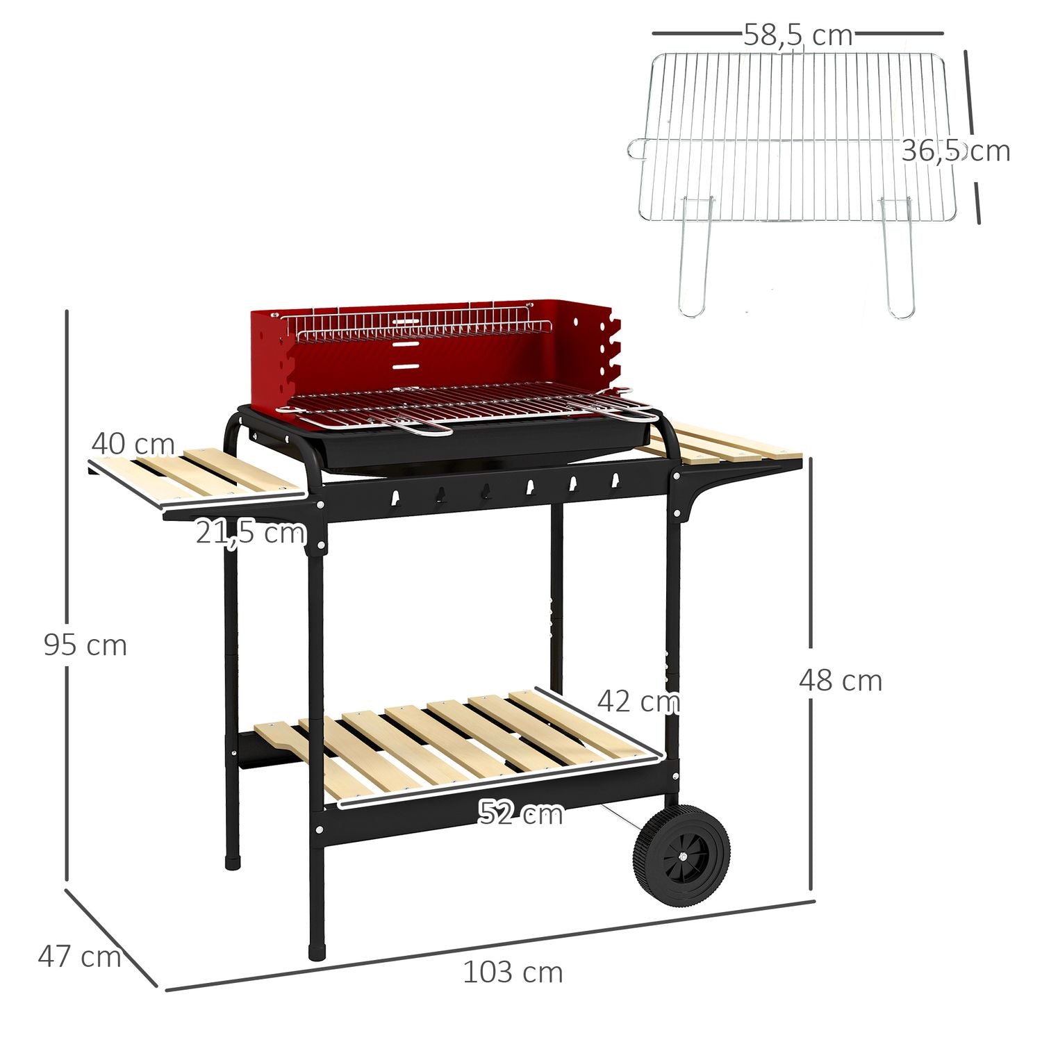 Outsunny grill węglowy, metalowy, sosnowy, 103x47x95 cm, czerwono-czarny