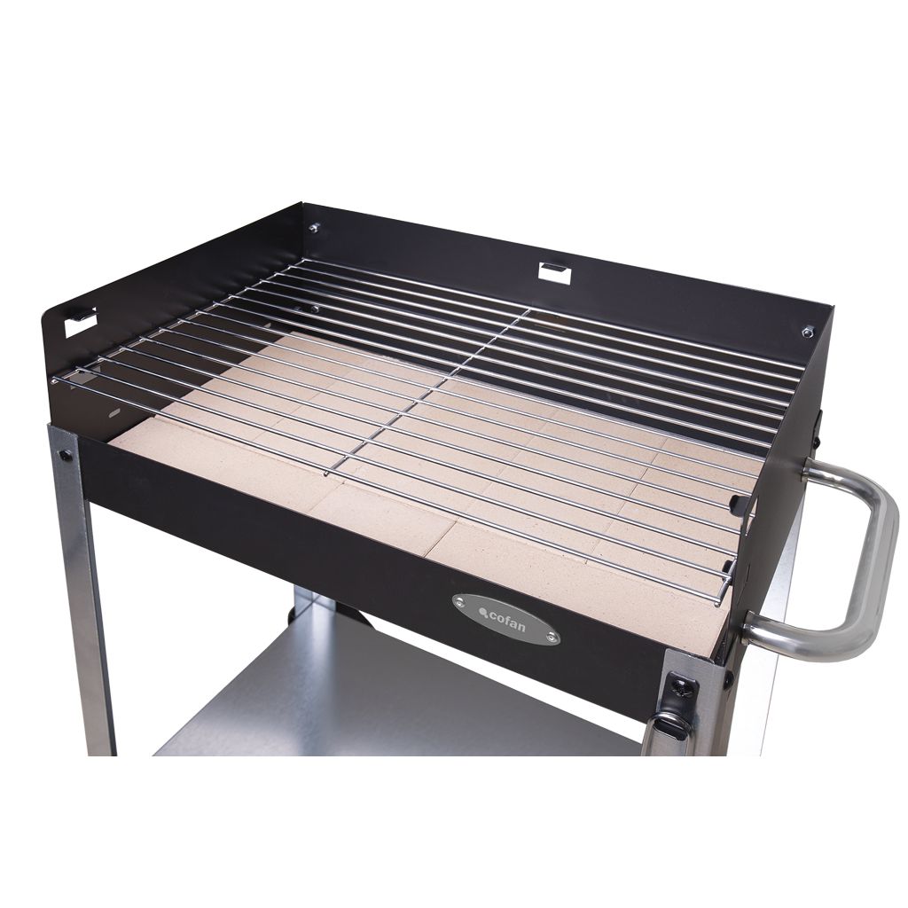 Cofan grill węglowy z kółkami | Regulowany ruszt | Z cegłą szamotową i bocznym uchwytem | Łatwy w transporcie | Duża powierzchnia grillowania | Wymiary: 56,7 x 36 x 83 cm