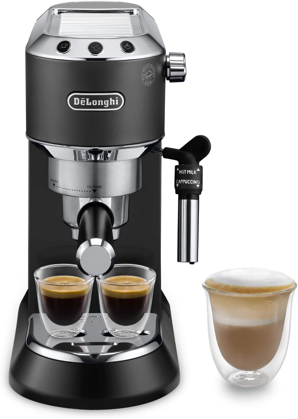 De'Longhi Dedica – Stainless Steel Pump Espresso Coffee Machine for Ground Coffee or Pods, Espresso and Cappuccino, 1.3 L Tank, Anti-Drip System, Model EC685.M, Metallic Colour