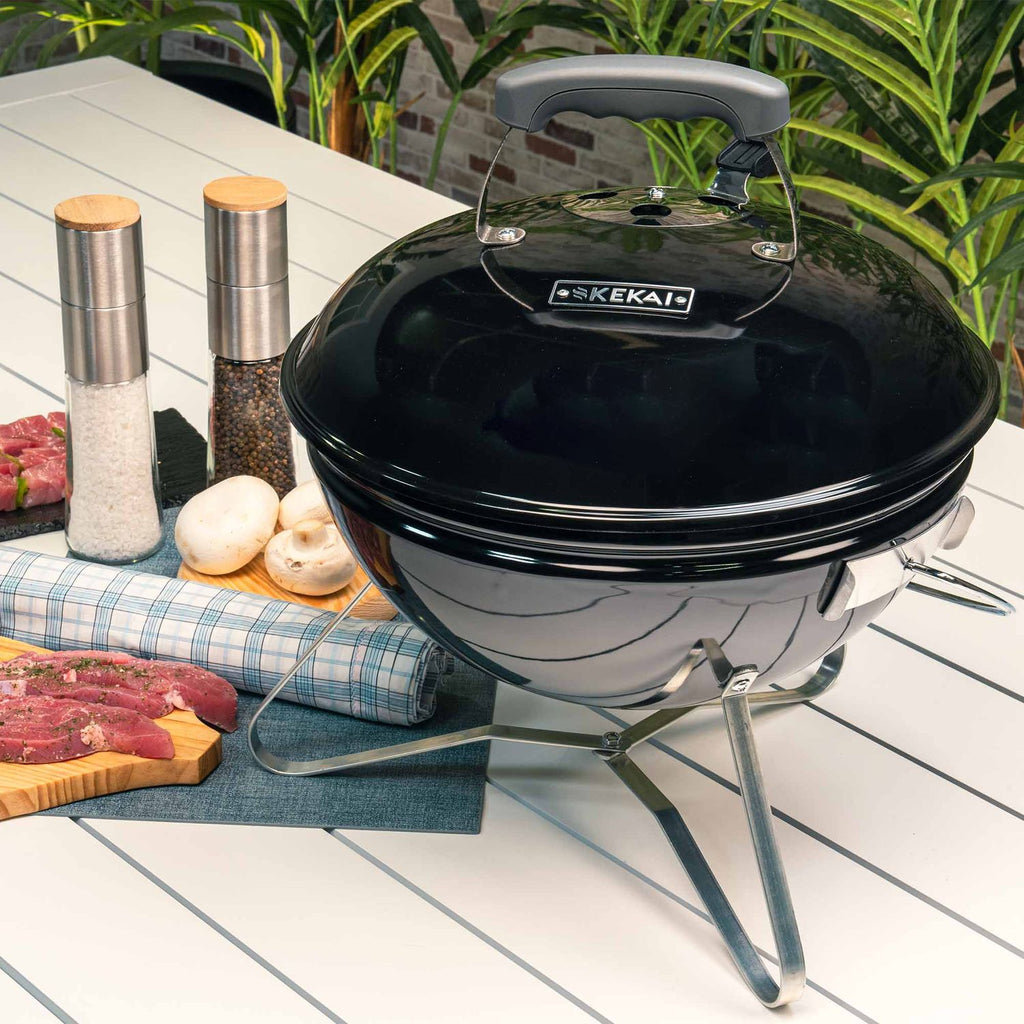 Kekai Tahoe Tabletop Charcoal Grill, Portable, 37x37x44 cm, with Lid and Transport and Locking System, Black Enamel