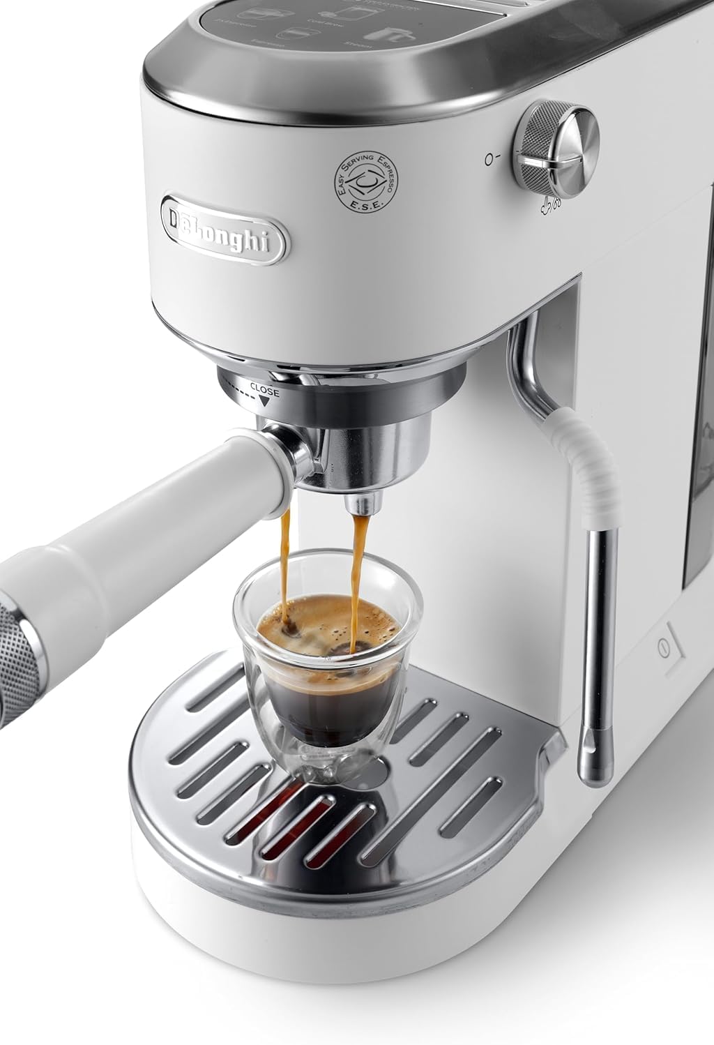 De'Longhi Dedica – Stainless Steel Pump Espresso Coffee Machine for Ground Coffee or Pods, Espresso and Cappuccino, 1.3 L Tank, Anti-Drip System, Model EC685.M, Metallic Colour