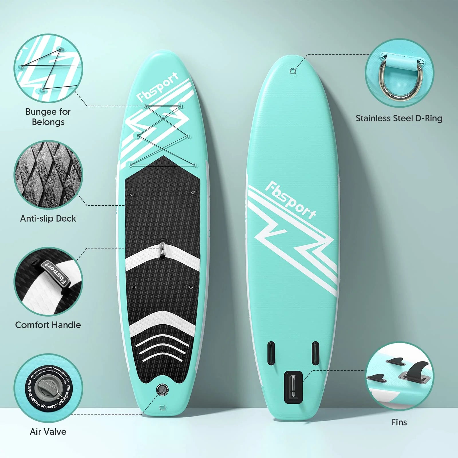 2026 FBSPORT Tabla de Paddle Surf Inflable, Grosor 15 cm, Kit Completo con Remo de Aluminio Ajustable y Bomba (Verde)