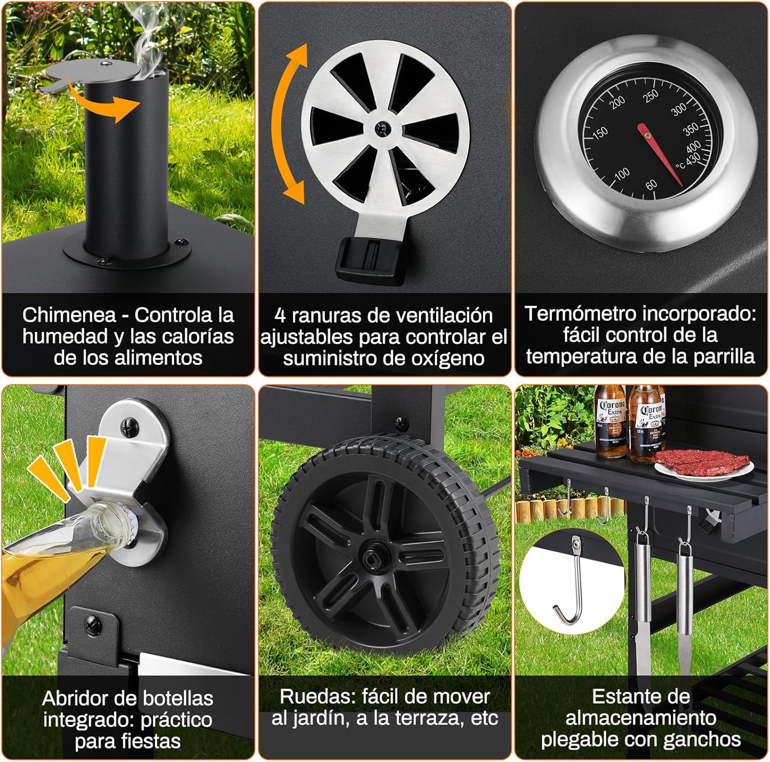 Grill węglowy XXL, grill węglowy z kominem i pokrywą, grill z wózkiem, wędzarnia z kółkami i termometrem, duży grill węglowy na kemping i do ogrodu