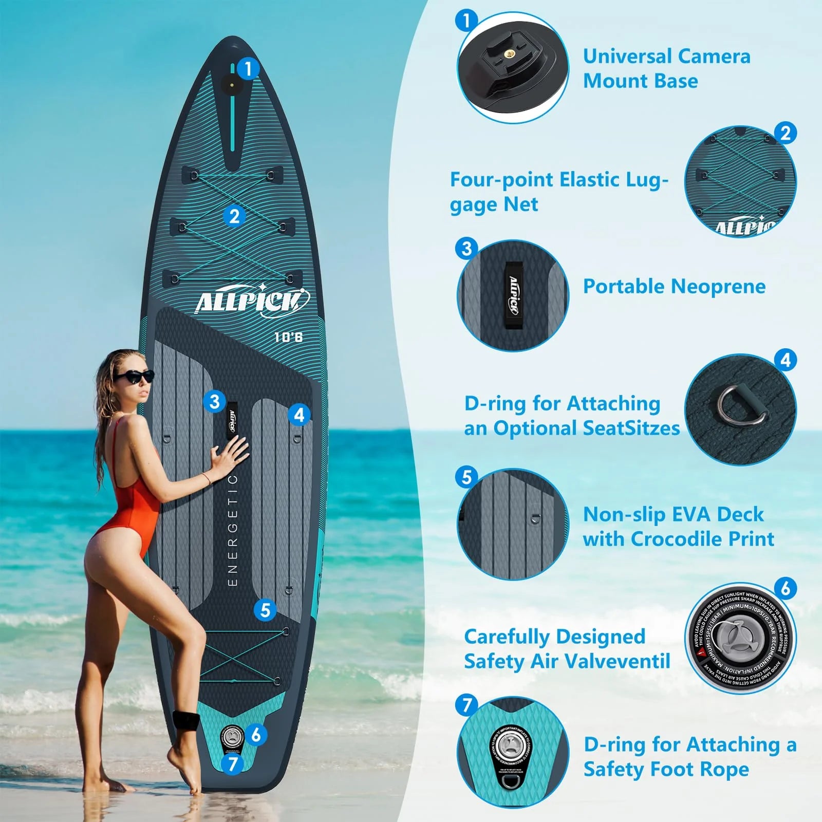 2025 ALLPICK Premium Inflatable Stand-Up Paddle Board (Premium Green) – Complete kit with universal camera mount, adjustable paddle, for beginners and advanced users, 180 kg capacity