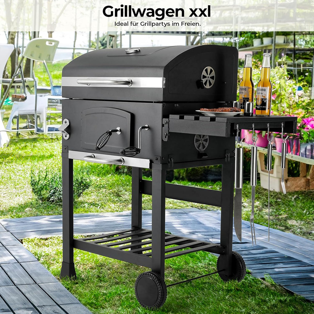 Grill węglowy XXL, grill węglowy z kominem i pokrywą, grill z wózkiem, wędzarnia z kółkami i termometrem, duży grill węglowy na kemping i do ogrodu
