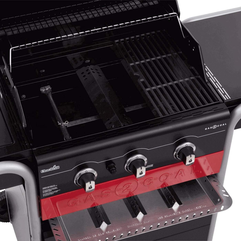 Gas2Coal® Barbacoa híbrida: barbacoa de gas y carbón de tres quemadores, acabado en negro.