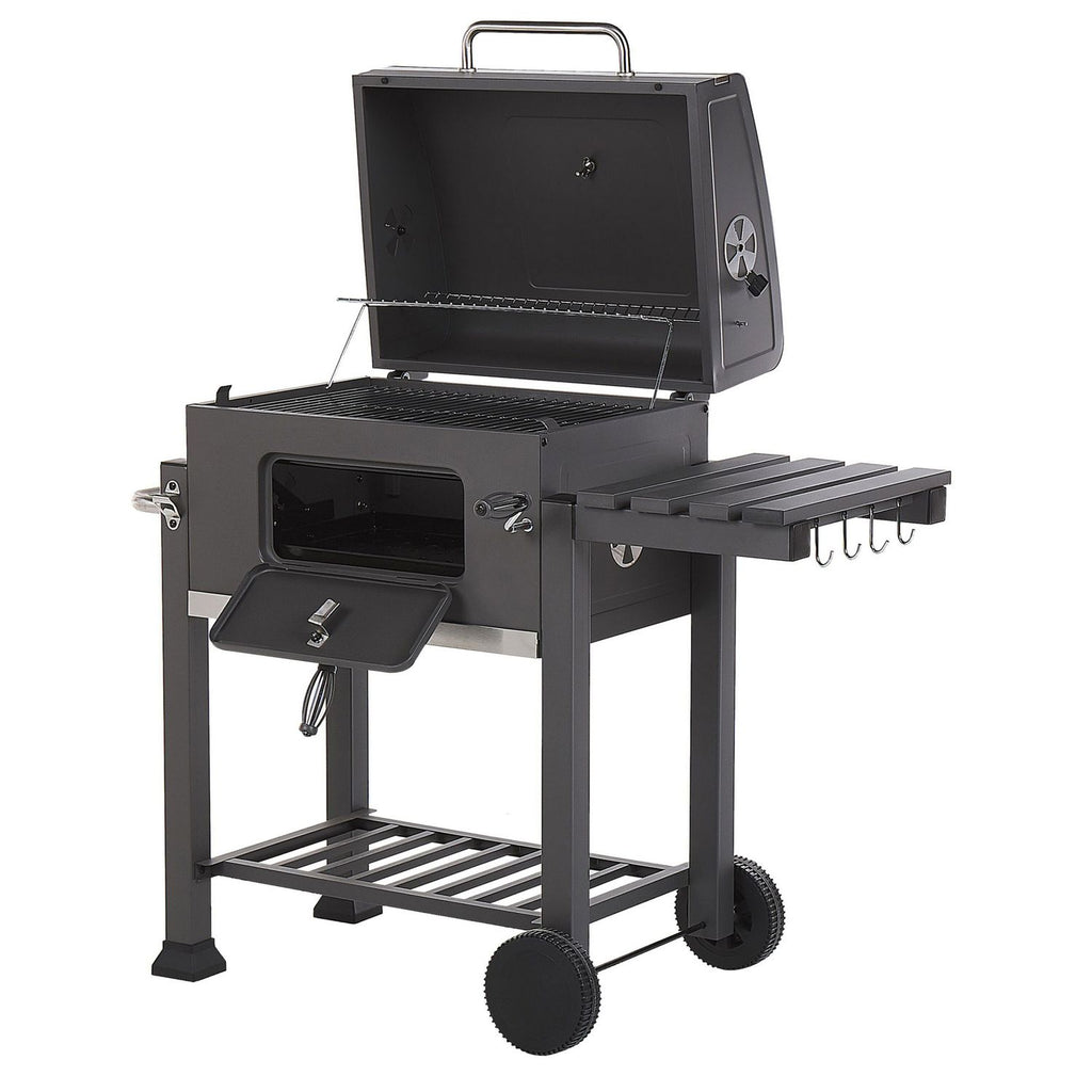 Charcoal BBQ grill, steel grey, with lid, grate, wheels, 2 shelves, thermometer, removable ash tray, Garden Pavlof - grey