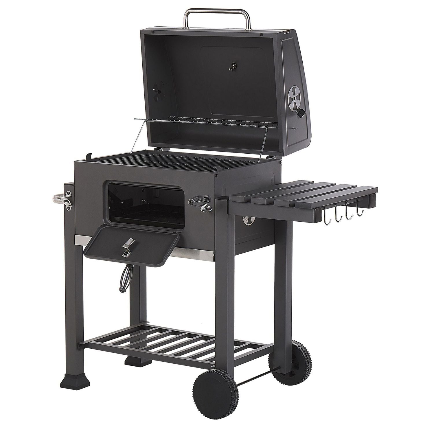 Charcoal BBQ grill, steel grey, with lid, grate, wheels, 2 shelves, thermometer, removable ash tray, Garden Pavlof - grey