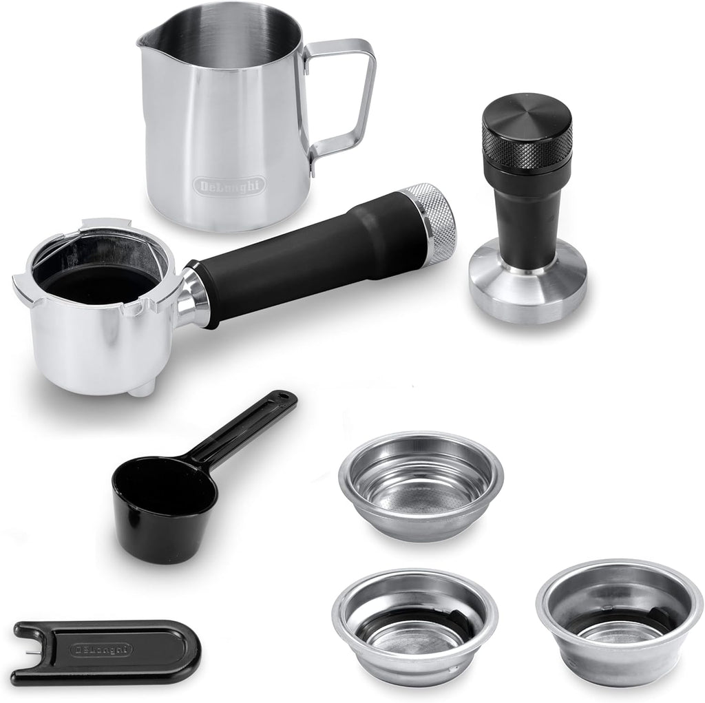 De'Longhi Dedica – Stainless Steel Pump Espresso Coffee Machine for Ground Coffee or Pods, Espresso and Cappuccino, 1.3 L Tank, Anti-Drip System, Model EC685.M, Metallic Colour