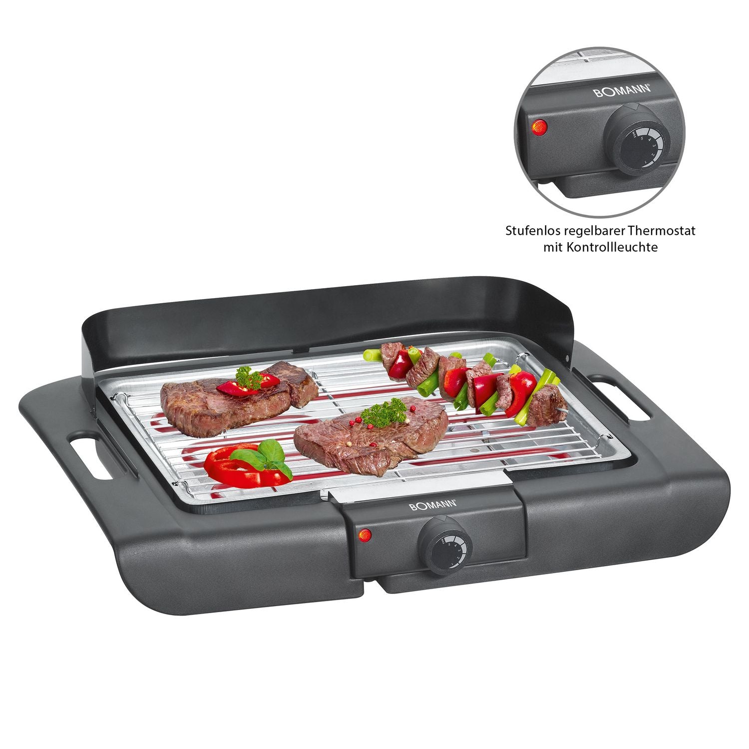 Electric grill, chrome-plated, 36 x 25 cm, thermostat, windbreak front, drip tray, black, 2000 W Bomann Bq 2243 Cb