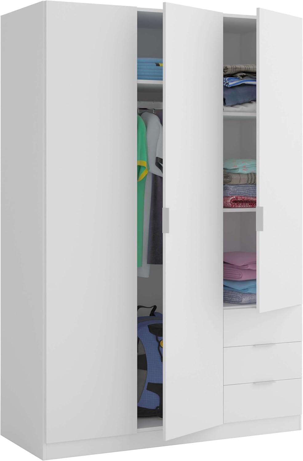 Szafa na ubrania Habitdesign z trzema drzwiami i trzema szufladami, wykończenie w kolorze białym arktycznym, wymiary: 121 cm (szer.) x 180 cm (wys.) x 52 cm (gł.)