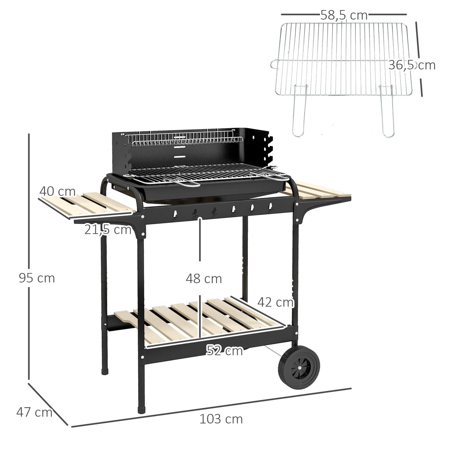 Grill węglowy Outsunny, metalowy, sosnowy, 103x47x95 cm, czarny