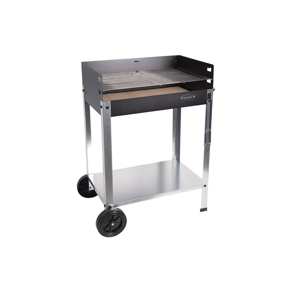Cofan grill węglowy z kółkami | Regulowany ruszt | Z cegłą szamotową i bocznym uchwytem | Łatwy w transporcie | Duża powierzchnia grillowania | Wymiary: 56,7 x 36 x 83 cm