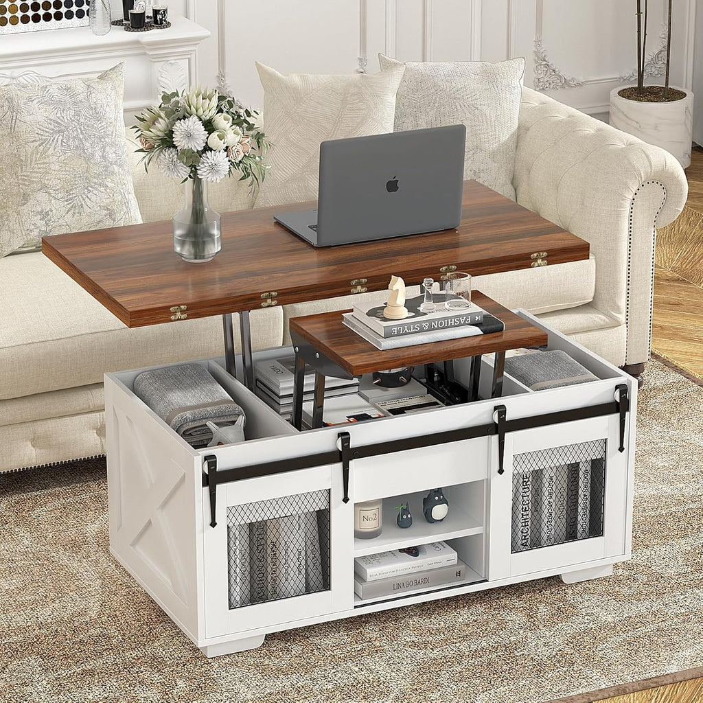 VOWNER Mesa de Centro Elevable, Mesa Extensible, Multifuncional 3 en 1 con Almacenamiento Oculto - Comedor, Convertible, Estilo Granja, Nogal