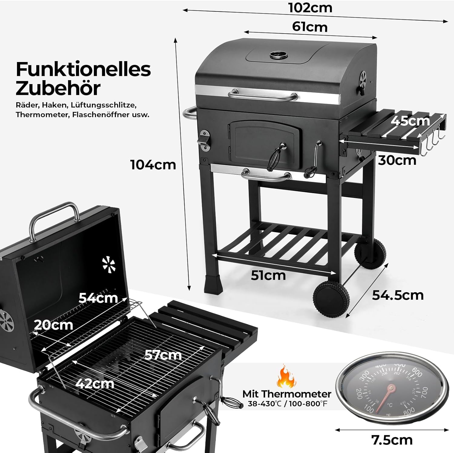Grill węglowy XXL, grill węglowy z kominem i pokrywą, grill z wózkiem, wędzarnia z kółkami i termometrem, duży grill węglowy na kemping i do ogrodu