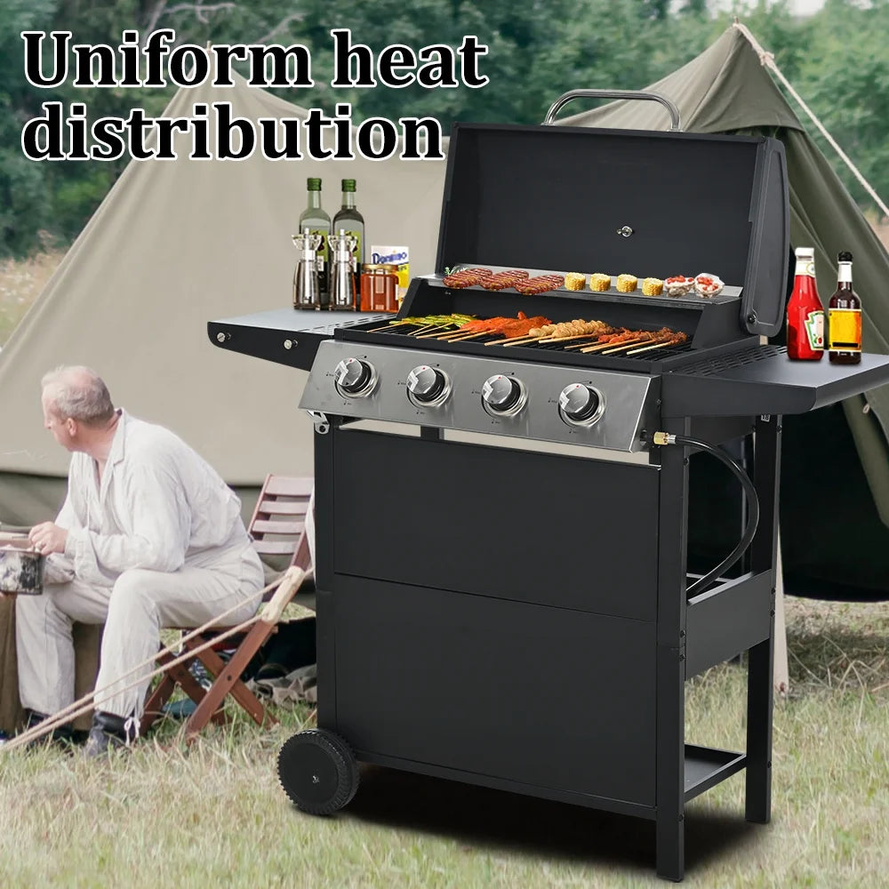 2026 Parrilla a gas SEGMART de 4 quemadores de acero inoxidable – 34,200 BTU, barbacoa para jardín/patio con dos estantes plegables y termómetro, ideal para camping y cocina al aire libre