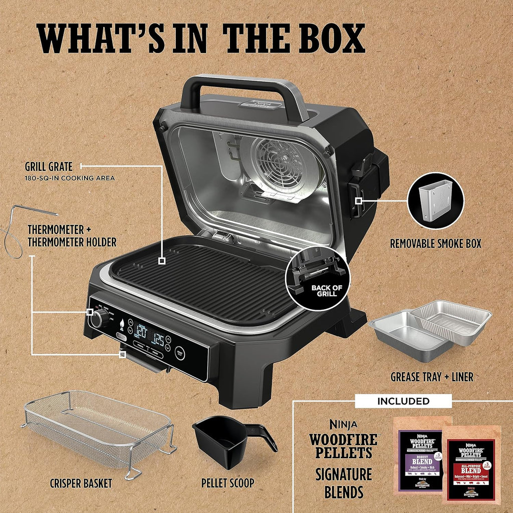 Ninja Woodfire Pro XL 2025, grill i wędzarnia zewnętrzna, termometr, grill Master 4 w 1, wędzarnia BBQ, frytkownica powietrzna na zewnątrz, piekarnik, przenośny, grill elektryczny, ciemnoszary, model OG850