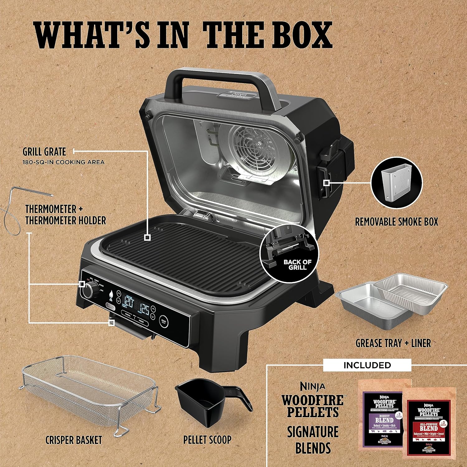 Ninja Woodfire Pro XL 2025, grill i wędzarnia zewnętrzna, termometr, grill Master 4 w 1, wędzarnia BBQ, frytkownica powietrzna na zewnątrz, piekarnik, przenośny, grill elektryczny, ciemnoszary, model OG850