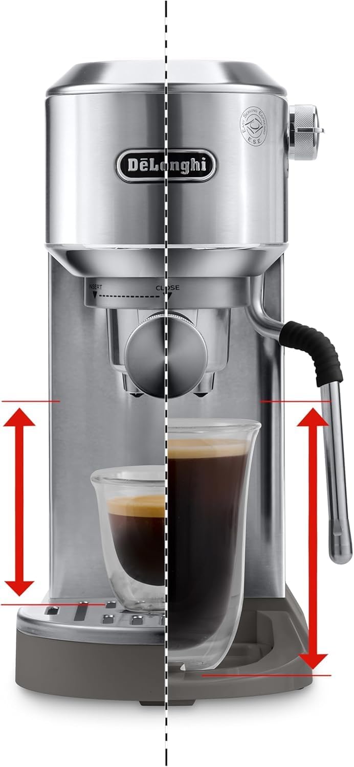 De'Longhi Dedica – Stainless Steel Pump Espresso Coffee Machine for Ground Coffee or Pods, Espresso and Cappuccino, 1.3 L Tank, Anti-Drip System, Model EC685.M, Metallic Colour