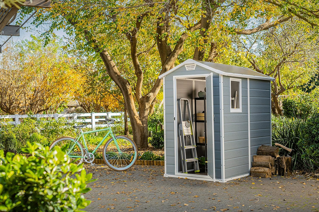 Keter Manor 4X6 - Caseta de jardín, 130x192x198cm y 2,2m2, Suelo, Sistema de ventilación, Puerta y Ventana, Resistente al Agua, Color Gris