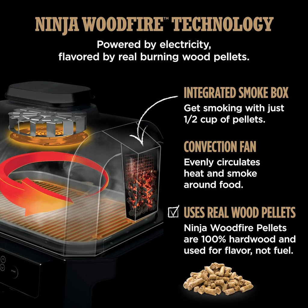 2026 Parrilla y ahumador exterior Ninja Woodfire Pro XL, termómetro, master grill 4 en 1, barbacoa ahumador, freidora de aire exterior, horno, portátil, parrilla eléctrica, gris oscuro, modelo OG850