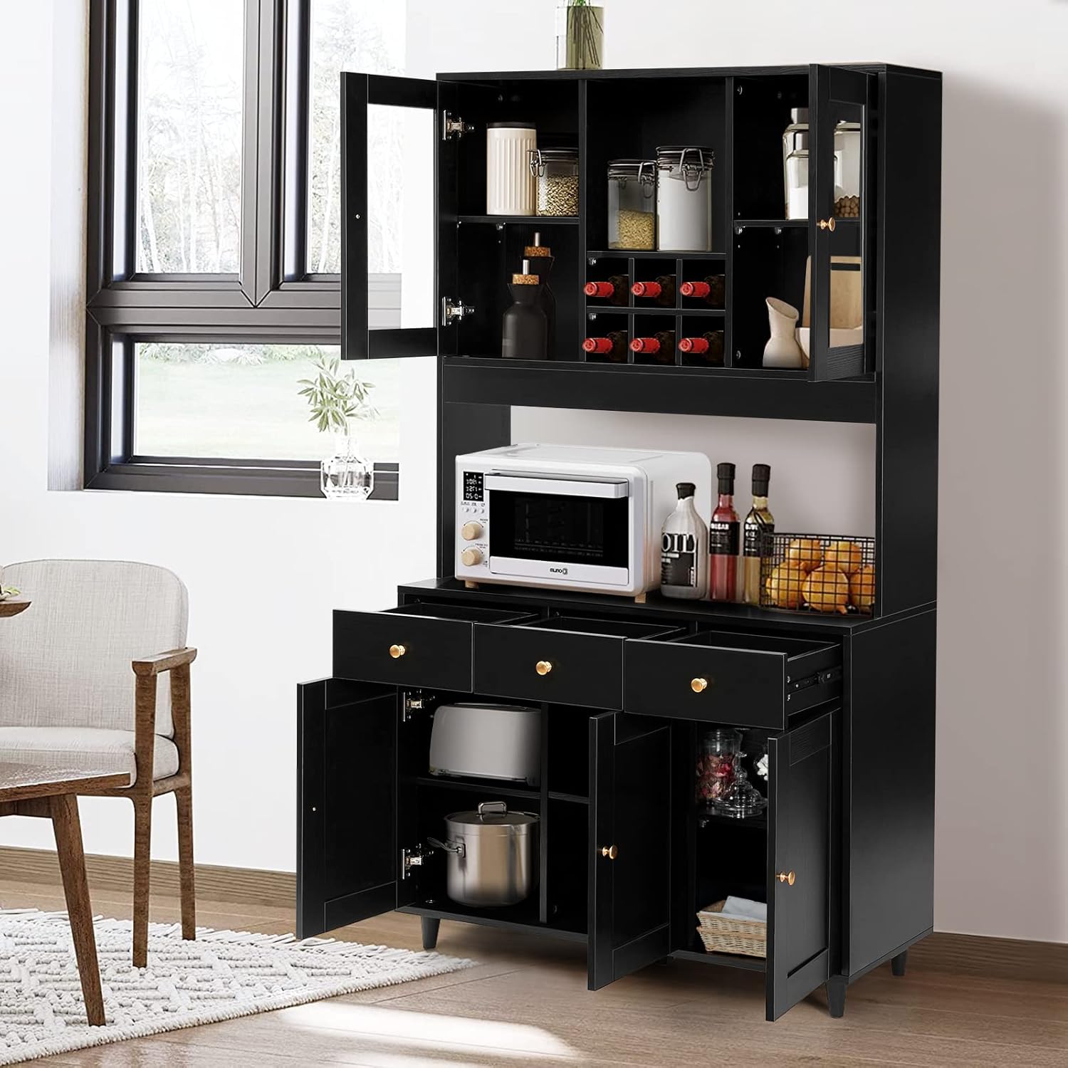 VOWNER Armario Aparador Cocina/Buffet, 100L x 38W x 181H cm, Mueble Auxiliar de Almacenaje, 5 Puertas y 5 Baldas Ajustables, Blanco