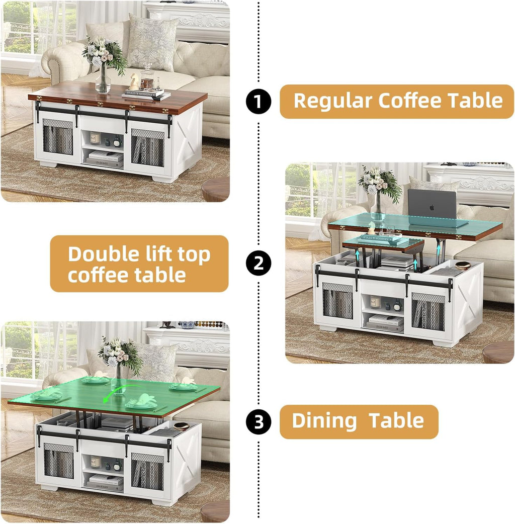 VOWNER Mesa de Centro Elevable, Mesa Extensible, Multifuncional 3 en 1 con Almacenamiento Oculto - Comedor, Convertible, Estilo Granja, Nogal