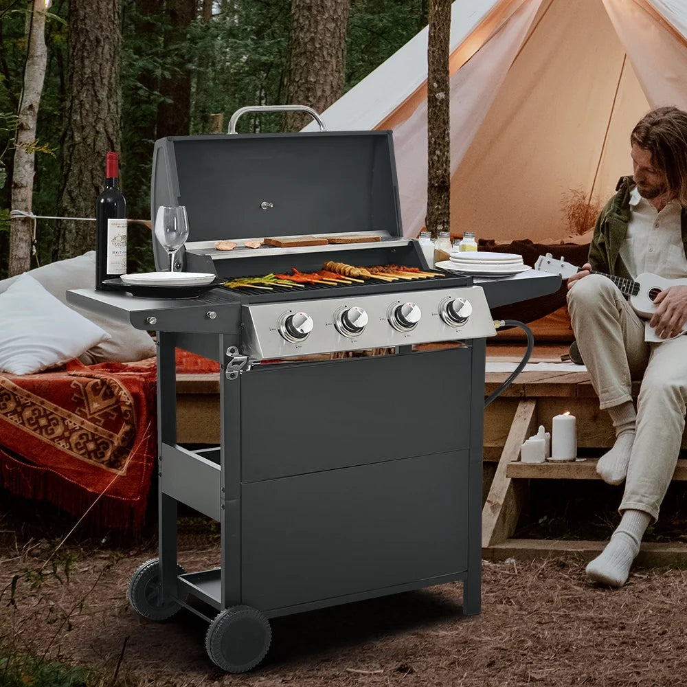 2026 Parrilla a gas SEGMART de 4 quemadores de acero inoxidable – 34,200 BTU, barbacoa para jardín/patio con dos estantes plegables y termómetro, ideal para camping y cocina al aire libre