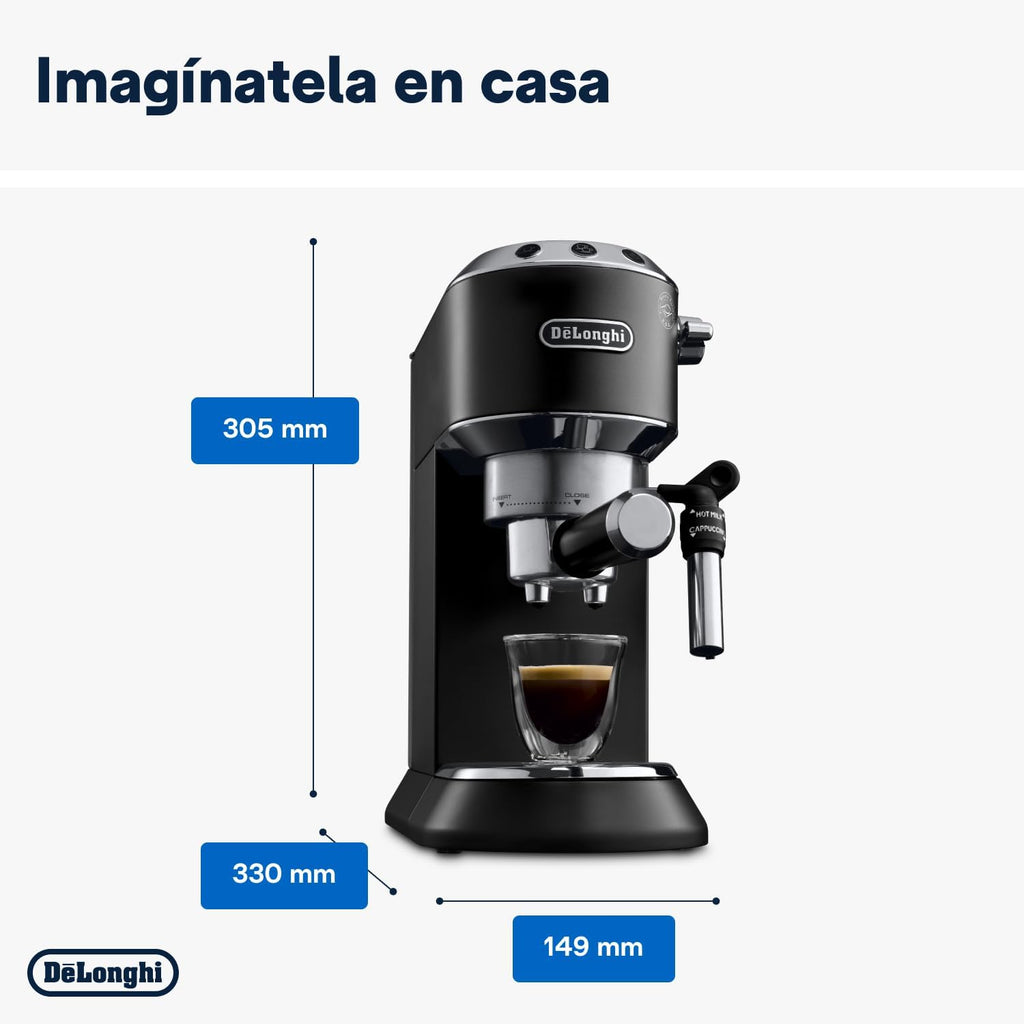 De'Longhi Dedica – Stainless Steel Pump Espresso Coffee Machine for Ground Coffee or Pods, Espresso and Cappuccino, 1.3 L Tank, Anti-Drip System, Model EC685.M, Metallic Colour