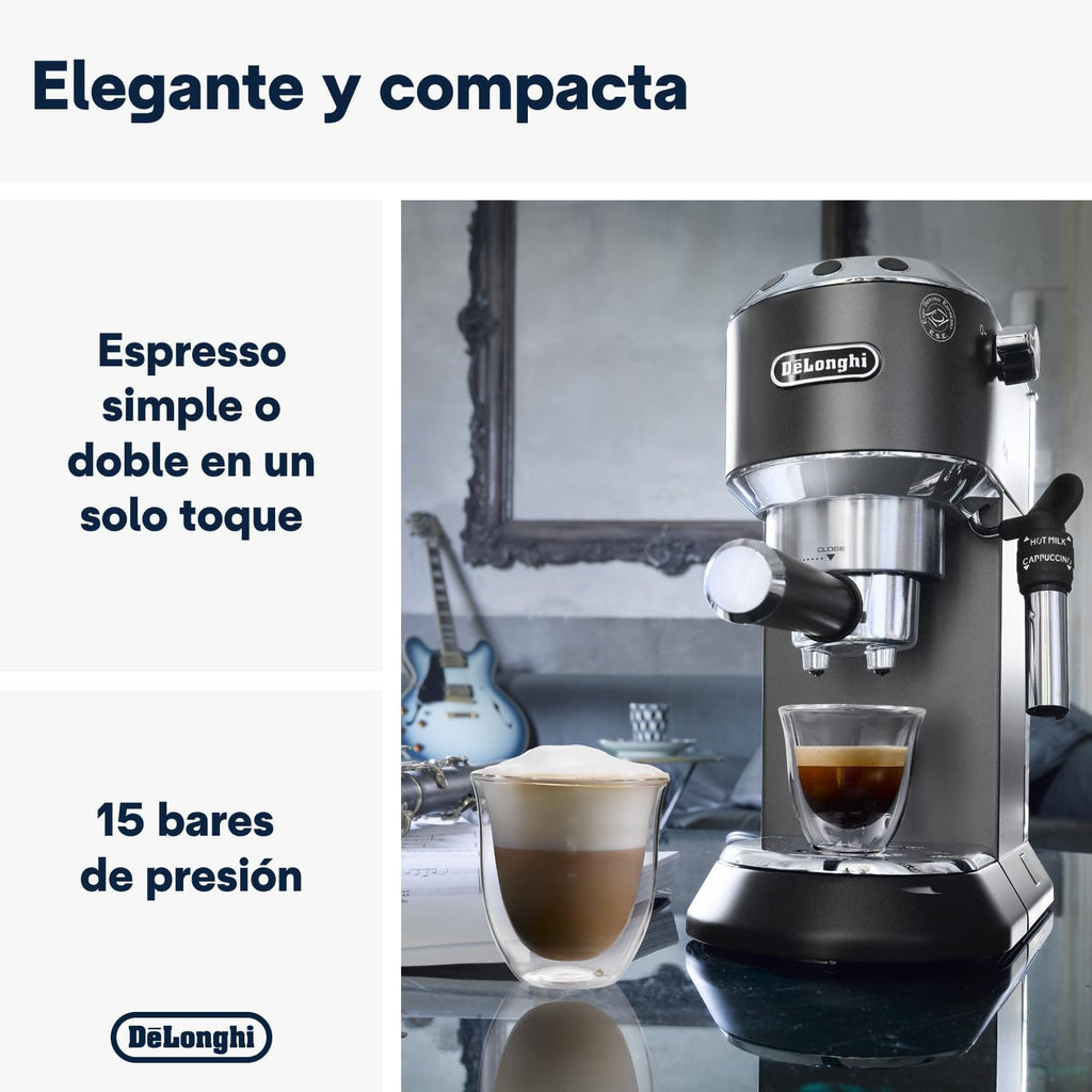 De'Longhi Dedica – Stainless Steel Pump Espresso Coffee Machine for Ground Coffee or Pods, Espresso and Cappuccino, 1.3 L Tank, Anti-Drip System, Model EC685.M, Metallic Colour
