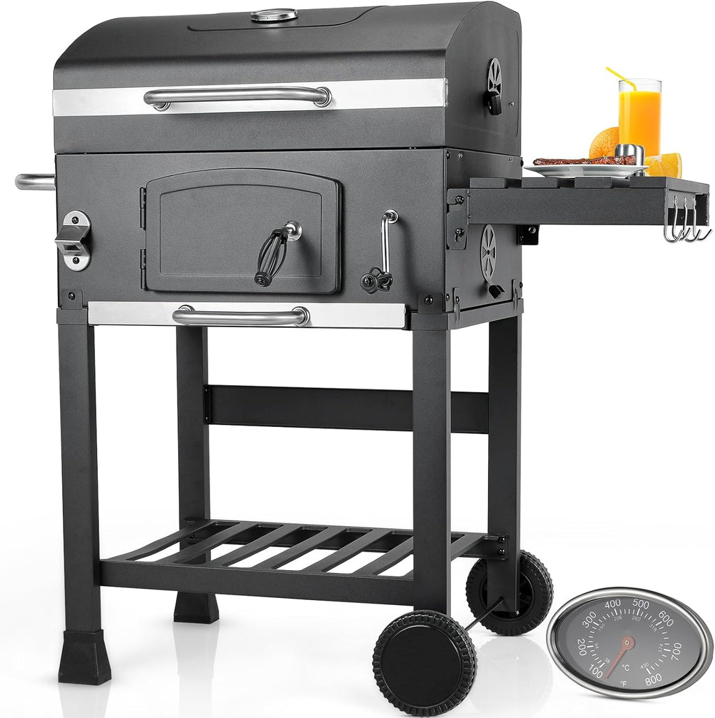 Grill węglowy XXL, grill węglowy z kominem i pokrywą, grill z wózkiem, wędzarnia z kółkami i termometrem, duży grill węglowy na kemping i do ogrodu