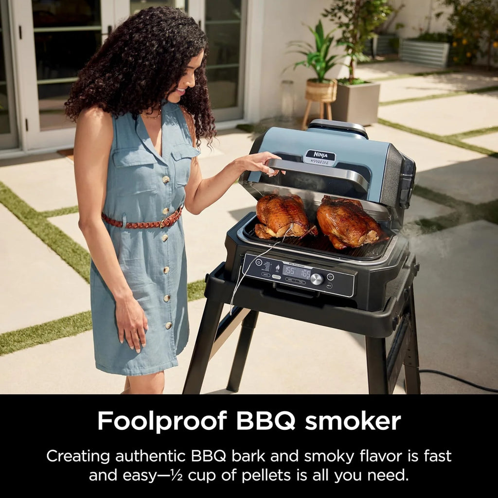 Ninja Woodfire Pro XL 2025, grill i wędzarnia zewnętrzna, termometr, grill Master 4 w 1, wędzarnia BBQ, frytkownica powietrzna na zewnątrz, piekarnik, przenośny, grill elektryczny, ciemnoszary, model OG850