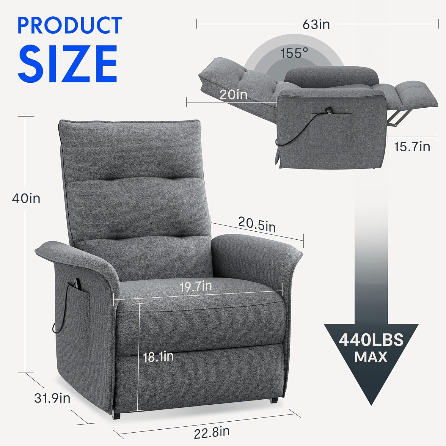 FLEXISPOT Sillón de Relax Eléctrico con Respaldo Ajustable, Reclinable de 105° a 155°, Sillon Reclinable, Sofá Relax Ergonómico Sillón para Dormitorio, Salón y Cine en casa (Gris Oscuro)