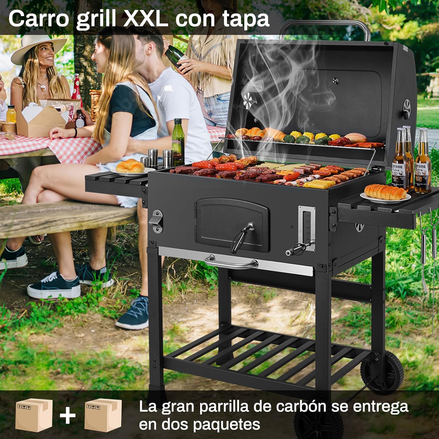 Grill węglowy XXL, grill węglowy z kominem i pokrywą, grill z wózkiem, wędzarnia z kółkami i termometrem, duży grill węglowy na kemping i do ogrodu