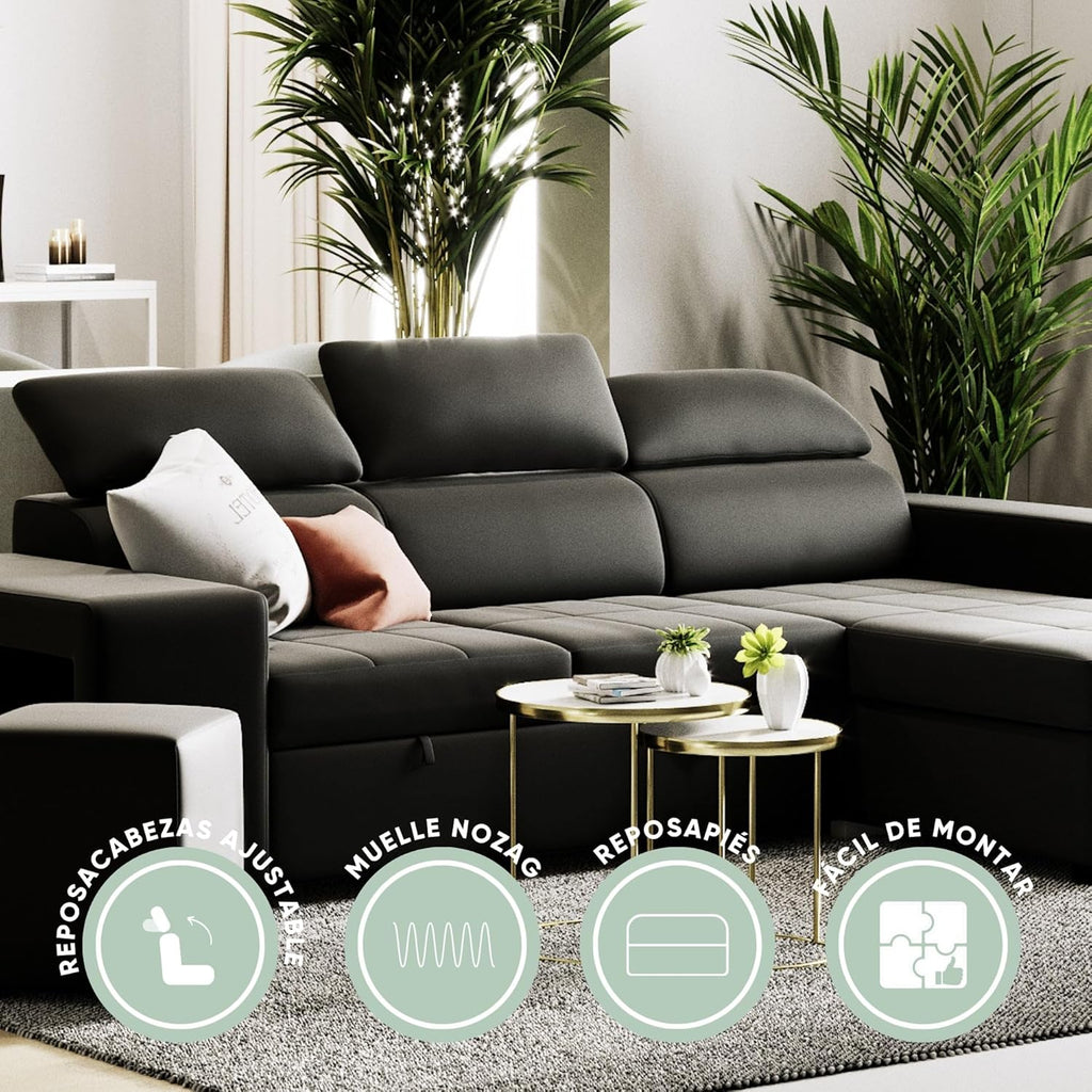 BUDWING John Sofá Cama Esquinero 4 Plazas - Chaise Longue Reversible, Reposacabezas Ajustable y 2 Pufs – Tapizado en Poliuretano – Estilo Moderno – 263x161x96 cm – Negro
