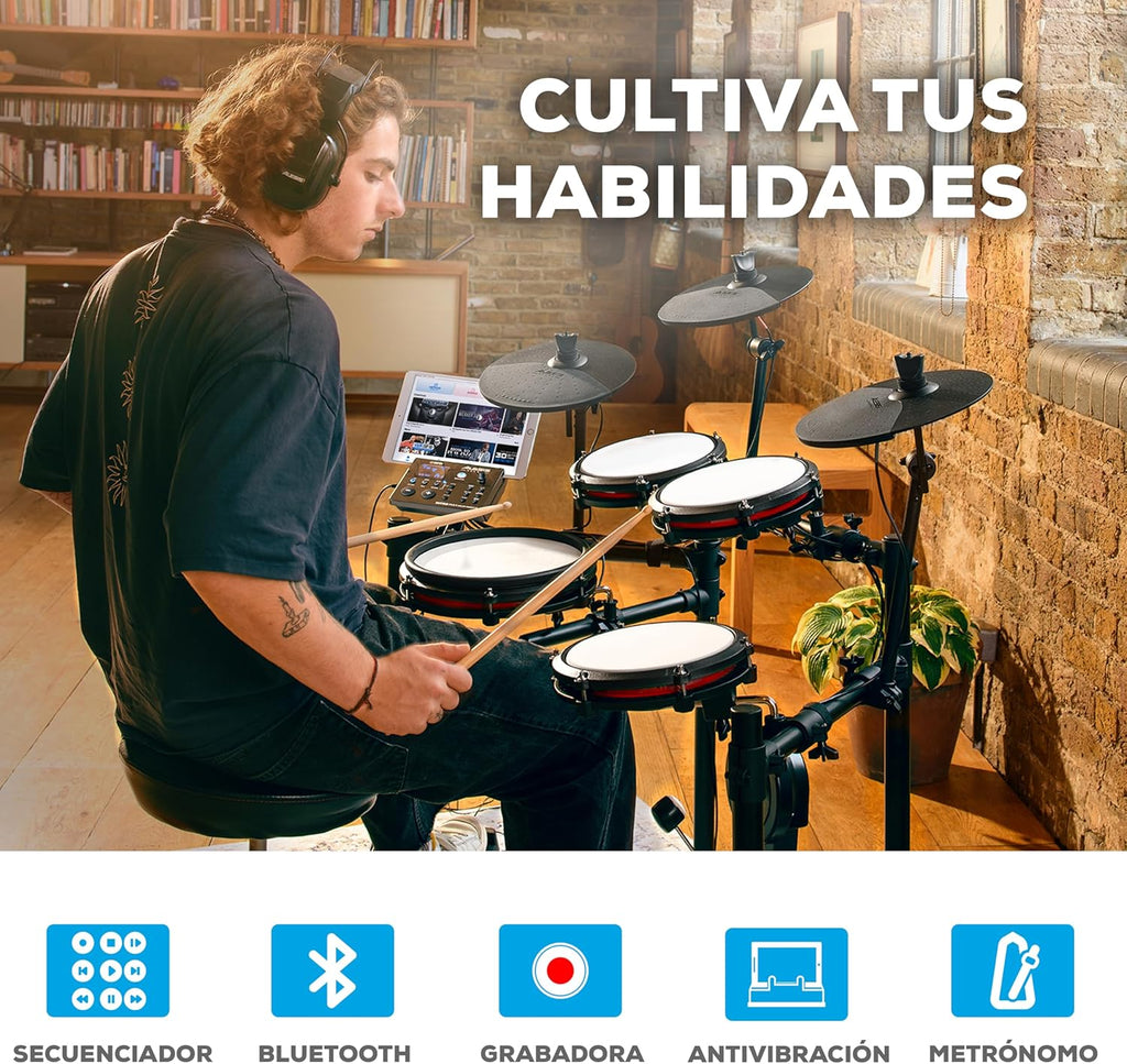Alesis Nitro Max Kit Batería Electrónica con Parches Silenciosos de Malla, Caja de Doble Zona de 10", Bluetooth, 440+ Sonidos Auténticos, Lecciones Drumeo, USB MIDI, Pedal de Bombo